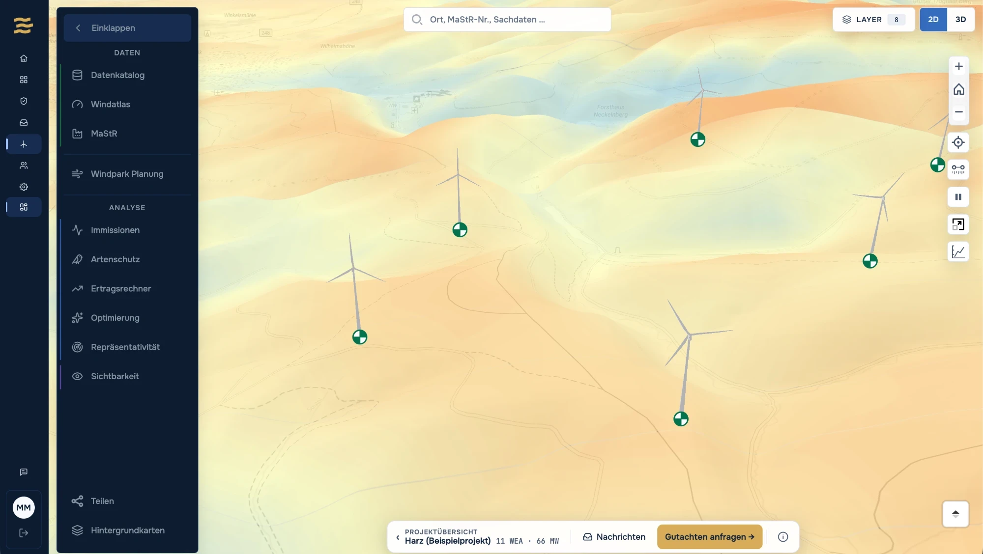 WINDIQ Karte mit Windenergieanlagen im Geländemodell und Analysen wie Immissionen, Artenschutz und Ertragsrechner
