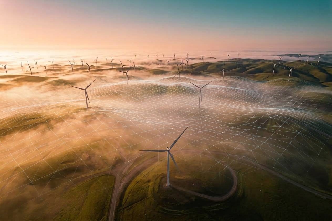Windpark über nebligen Hügeln